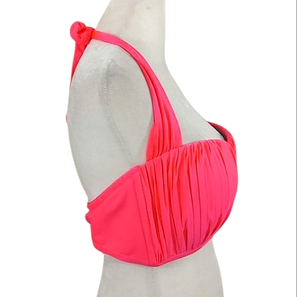 Seafolly Kiara Coral Pink Swimsuit Top Pleated Halter Tie Lightly Padded Cups - Picture 3 of 7